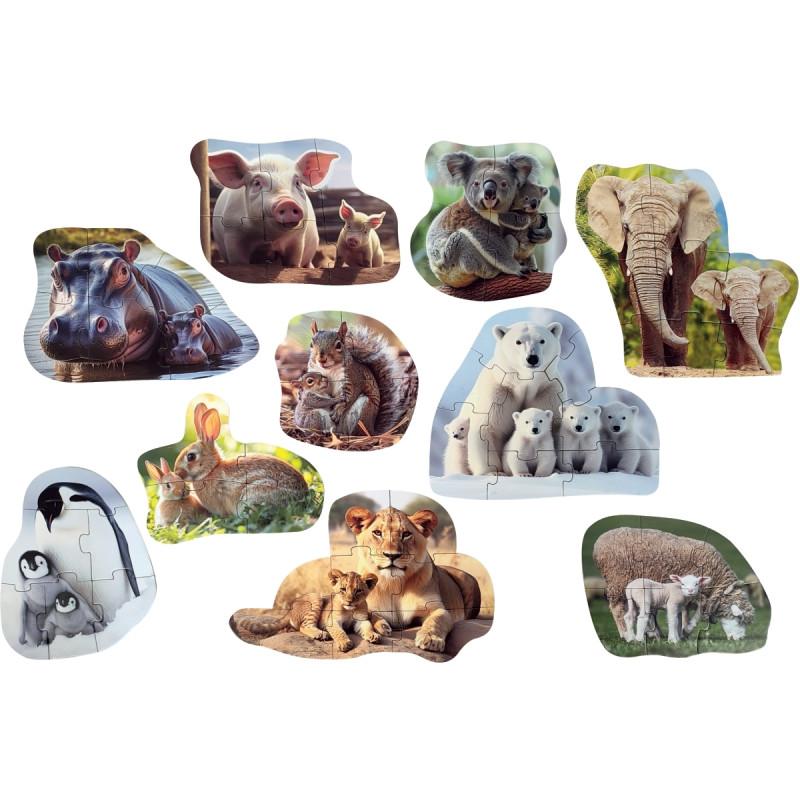 Lot de 10 maxi puzzles progressifs, les animaux et leurs bébés