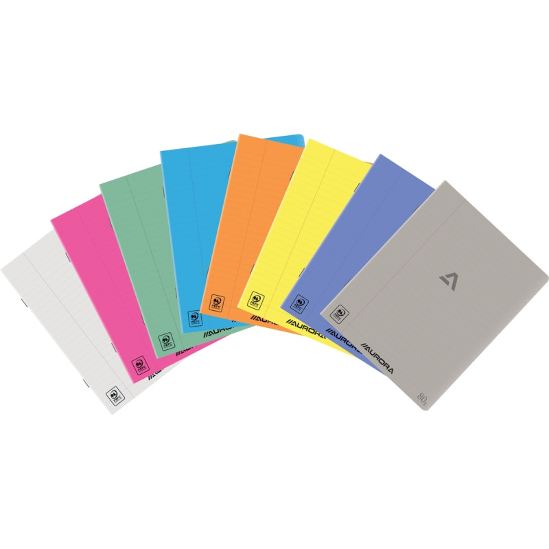 Cahier piqué AURORA 72 pages 80g, format A5 ligné 8mm, couverture PP c