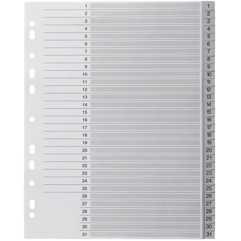 Jeu de 31 intercalaires numériques en polypropylène gris, format A4+