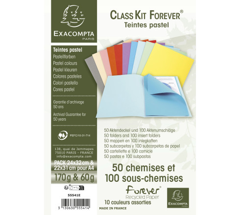 Kit de classement Class'kit Forever teintes pastel avec 50 chemises Forever 170 + 100 sous-chemises Forever 60 pour A4