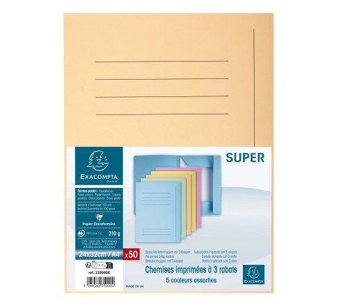 Paquet 50 chemises imprimées 3 rabats SUPER 210 - 24x32cm