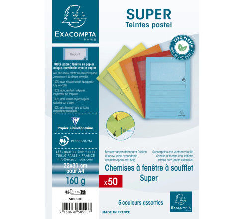 Paquet de 50 chemises à fenêtre à soufflet SUPER 160g/m2 - 22x31cm