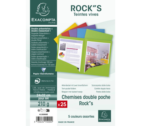 Paquet de 25 chemises Double Poche ROCK''S 210 - double A4 ou A3 - 24x32cm