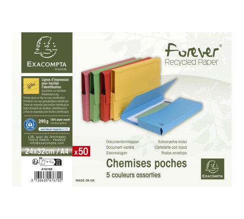 Paquet de 50 chemises poche coloris vifs Forever® - 24,5x32,5cm