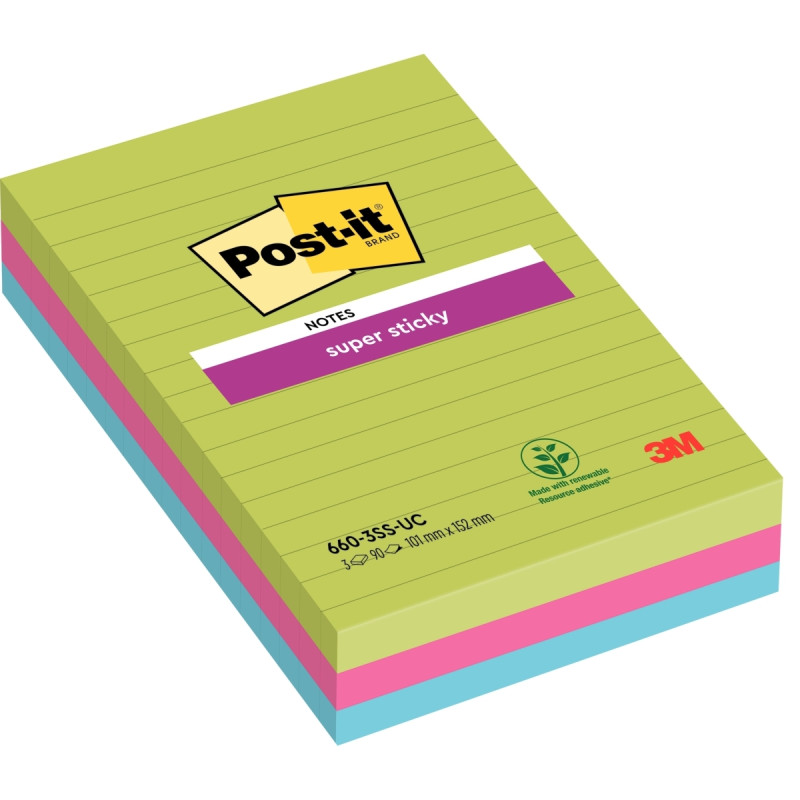 Paquet de 3 blocs Notes Super Sticky de 90 feuilles lignées, format 10
