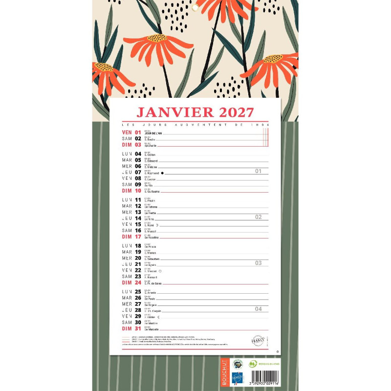 Calendrier mensuel 12 feuilles 36x19cm végétal