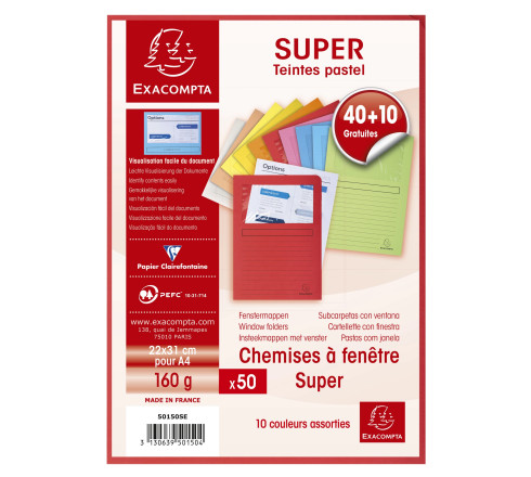 Paquet de 40 + 10 chemises à fenêtre SUPER 160g/m2 - 22x31cm