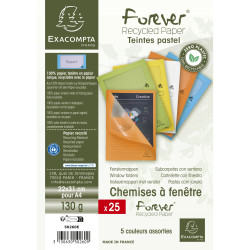 Paquet de 25 chemises à fenêtre Forever 130g/m2 - coloris pastel assortis - 22x31cm