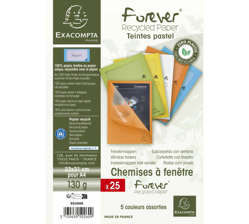 Paquet de 25 chemises à fenêtre Forever 130g/m2 - coloris pastel assortis - 22x31cm