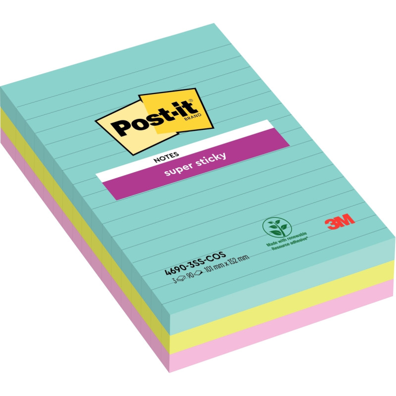 Paquet de 3 blocs Notes Super Sticky de 90 feuilles lignées, format 10