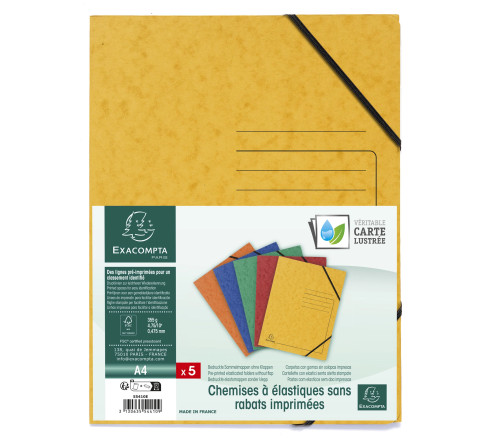 Pack de 5 Chemises à élastique sans rabats carte lustrée 355gm2 - A4