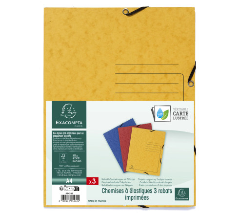 Paquet de 3 chemises à élastiques 3 rabats carte lustrée 355gm2 - A4
