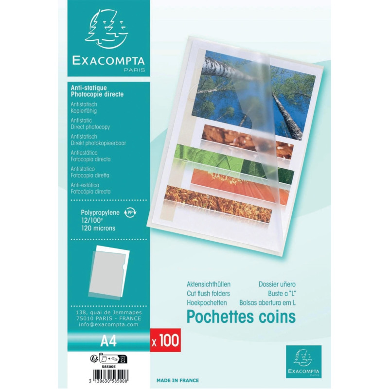 Sachet de 100 pochettes coin en polypropylène 12/100 incolore