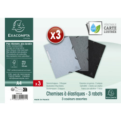 Lot de 3 chemises à élastiques 3 rabats carte lustrée 400g/m2 - A4