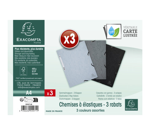 Lot de 3 chemises à élastiques 3 rabats carte lustrée 400g/m2 - A4