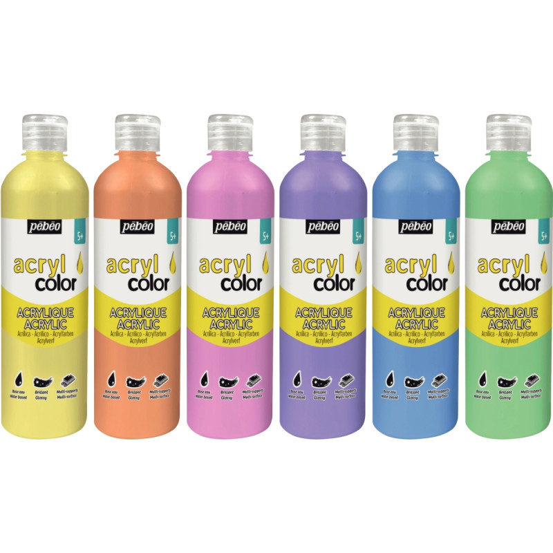 Carton de 6 flacons 500ml de peinture ACRYLCOLOR couleurs pastel assor
