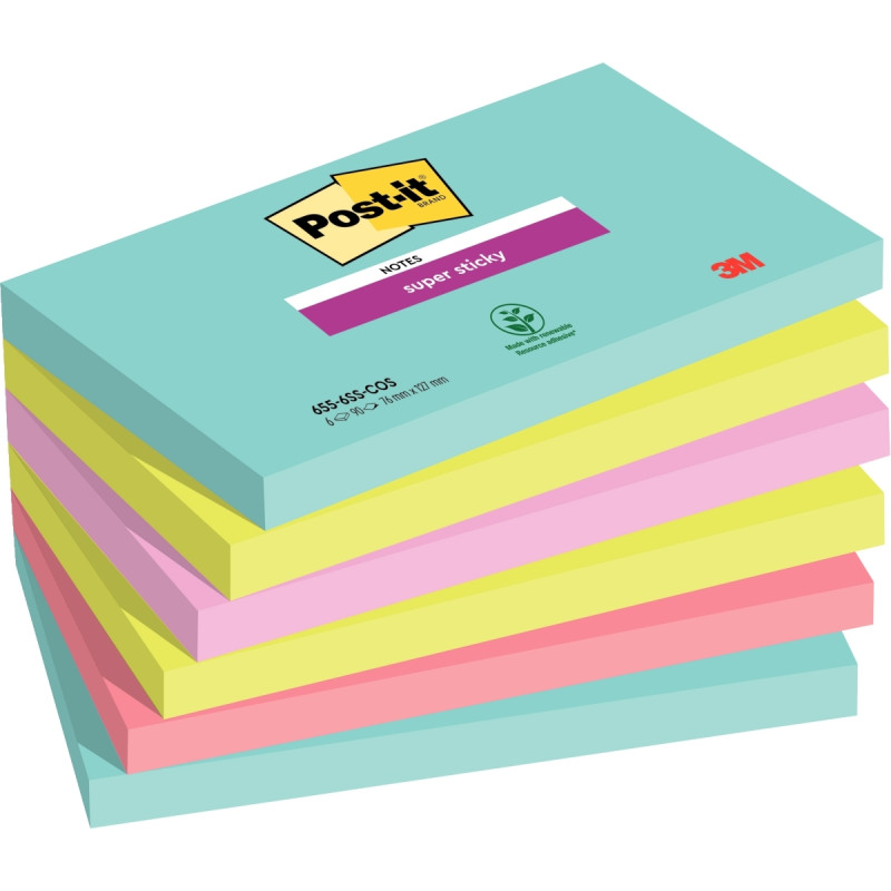 Paquet de 6 blocs de 90 feuilles Super Sticky post-it, 76 x 127 mm, Co