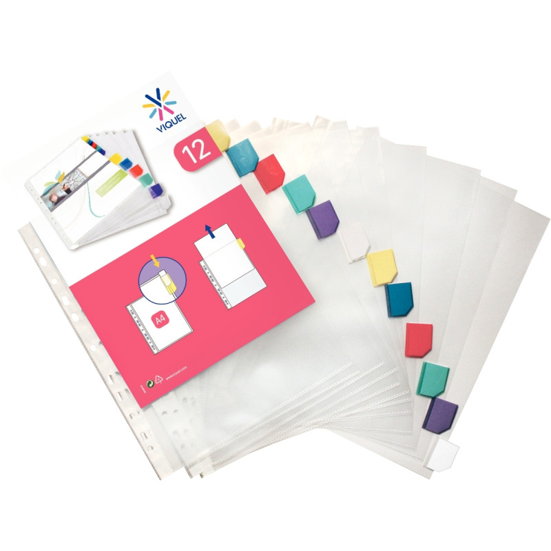 Jeu de 12 pochettes intercalaires en polypropylène + onglets colorés,