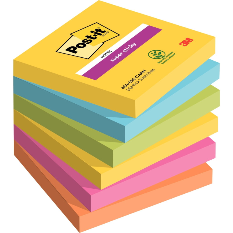 Paquet de 6 blocs de 90 feuilles Super Sticky post-it, 76 x 76 mm, cou