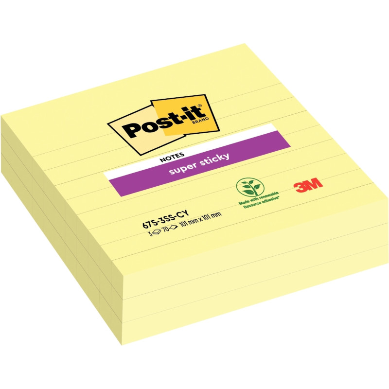 Paquet de 3 blocs notes Super Sticky lignées 70 feuilles, format : 101