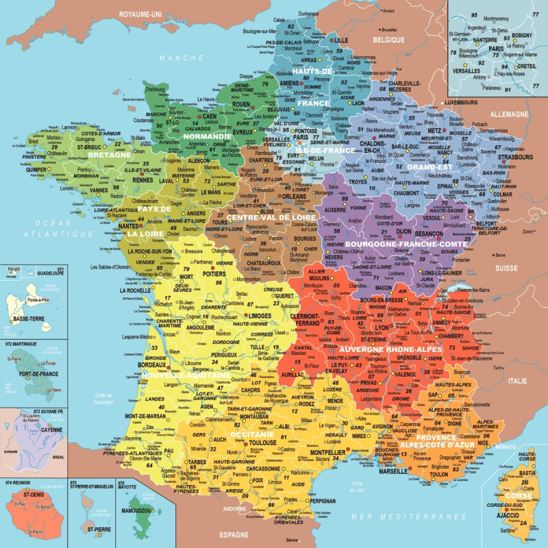 Puzzle en bois d'environ 100 pièces, la carte des départements de Fran
