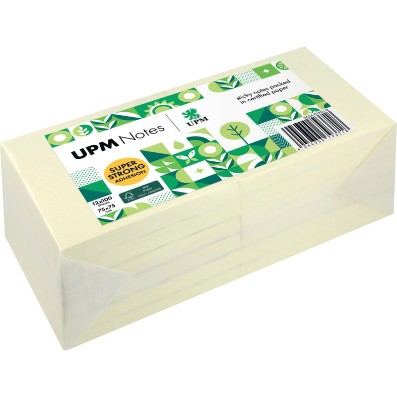 Lot de 12 bocs repositionnables 75 x75mm, coloris jaune, emballage rec