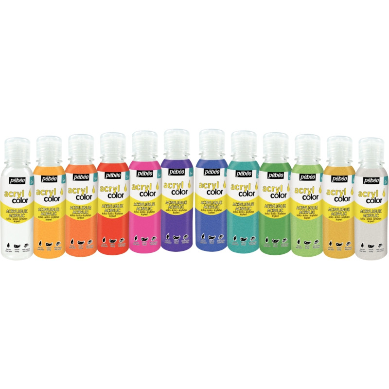 Carton de 12 flacons 150 ml de peinture ACRYLCOLOR couleurs pailletées