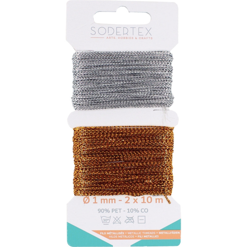 Lot de 2 bobines de 10 m de fil pailleté, coloris or et argent
