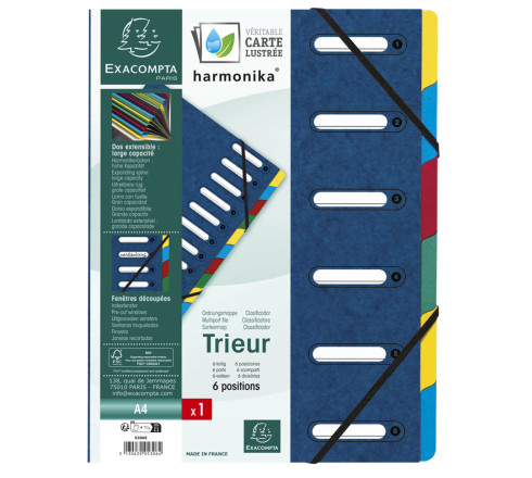 Trieur HARMONIKA® à fenêtres avec élastiques véritable carte lustrée 6 compartiments
