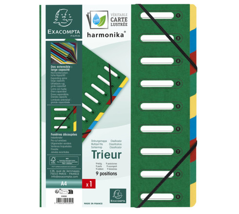 Trieur HARMONIKA® à fenêtres avec élastiques Véritable carte lustrée 9 compartiments