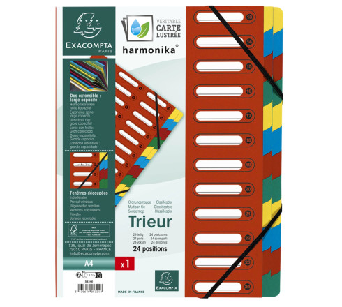 Trieur HARMONIKA® à fenêtres avec élastiques véritable carte lustrée 24 compartiments