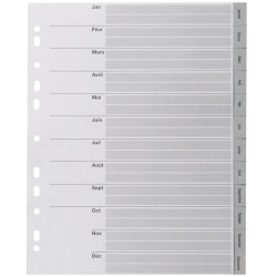 Jeu de 12 intercalaires mensuels en polypropylène gris, format A4+