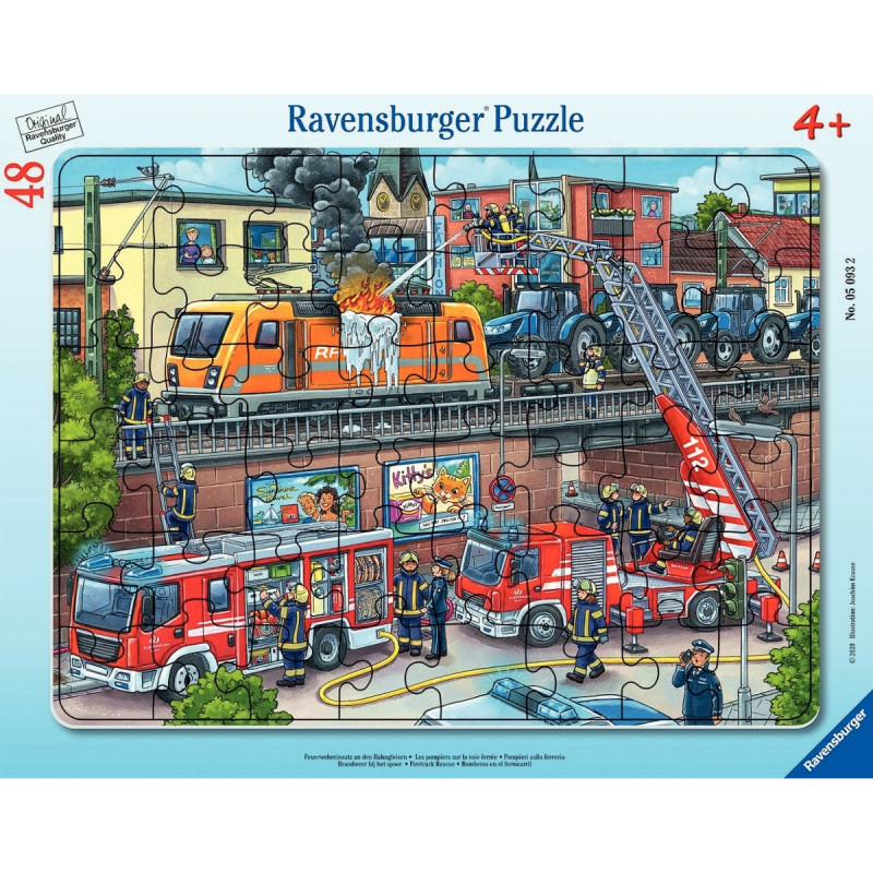 Puzzle à cadre de 48 pièces, les pompiers sur la voie ferrée