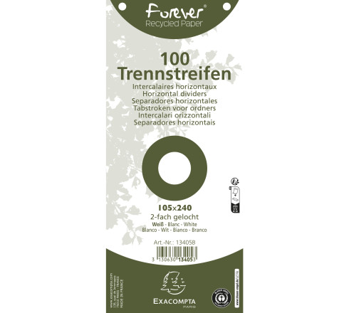 Paquet 100 fiches intercalaires horizontales unies perforées Forever - 105x240mm