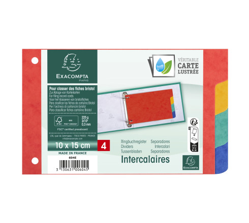 Intercalaires pour fiches bristol carte lustrée 225g/m2 4 positions - 100x150mm