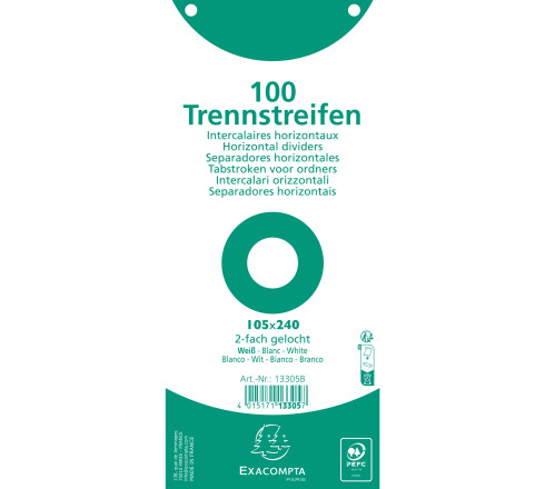Paquet 100 fiches intercalaires horizontales unies perforées - 105x240mm