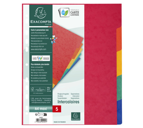 Intercalaires en véritable carte lustrée souple 225g/m2 FSC® avec 5 onglets neutres