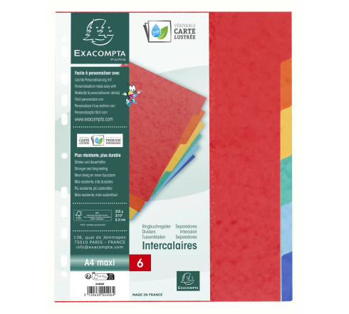 Intercalaires carte lustrée 225g 6 positions - A4 maxi
