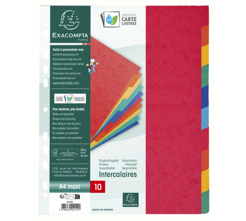 Intercalaires en véritable carte lustrée souple 225g/m2 FSC® avec 10 onglets neutres