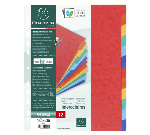 Intercalaires en véritable carte lustrée souple 225g/m2 FSC® avec 12 onglets neutres