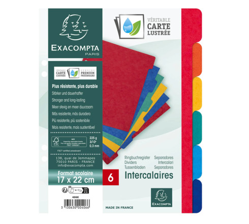 Intercalaires carte lustrée 225g 6 positions - format écolier 17x22cm