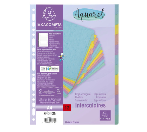 Intercalaires carte lustrée 400g/m2 Aquarel 12 positions - A4