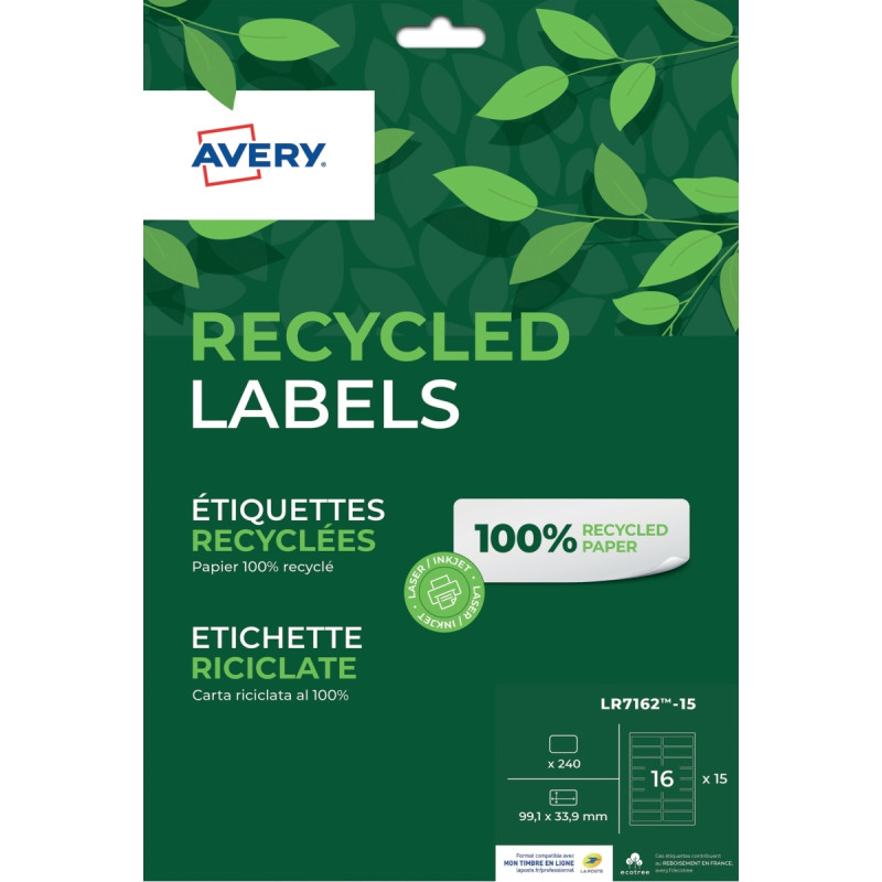 Paquet de 240 étiquettes recyclées laser et jet encre 99.1 x 33.9mm