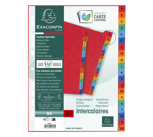 Intercalaires carte lustrée avec onglets imprimés alphabétiques 20 positions AZ - A4