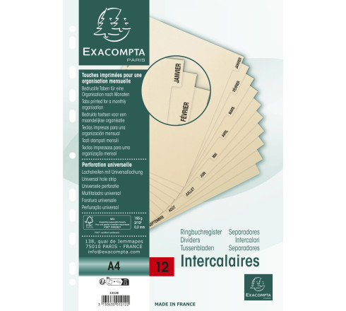 Intercalaires imprimés Carte peau 155g 12 positions de janvier à décembre - A4