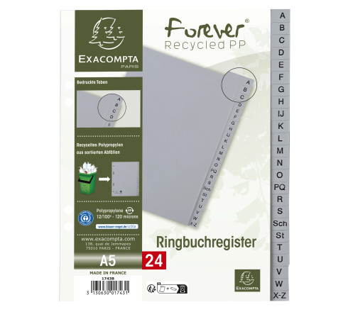 Intercalaires imprimés alphabétiques PP recyclé gris A-Z (alphabet allemand) - 24 positions - A5