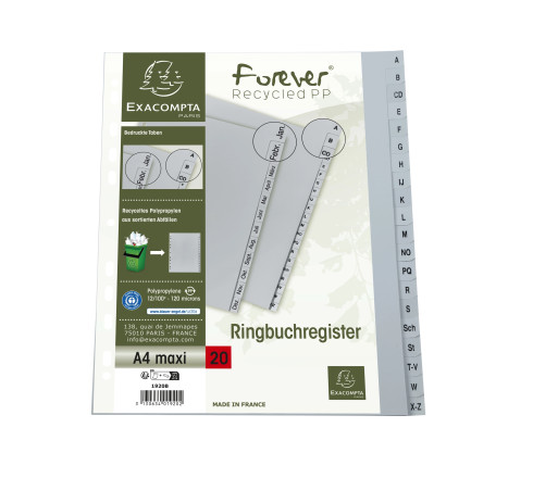 Intercalaires imprimés alphabétiques PP recyclé gris - AZ (alphabet allemand) 20 positions - A4 Maxi
