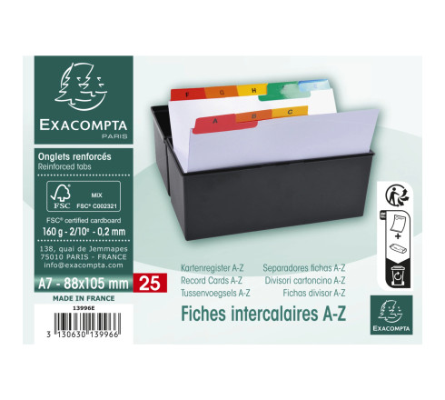 Intercalaires pour boite à fiches, imprimés de A à Z carte blanche 160g 25 compartiments - A7