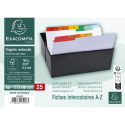Intercalaires pour boite à fiches, imprimés de A à Z carte blanche 160g 25 compartiments- A6