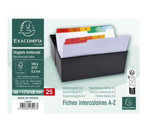 Intercalaires pour boite à fiches, imprimés de A à Z carte blanche 160g 25 compartiments- A6